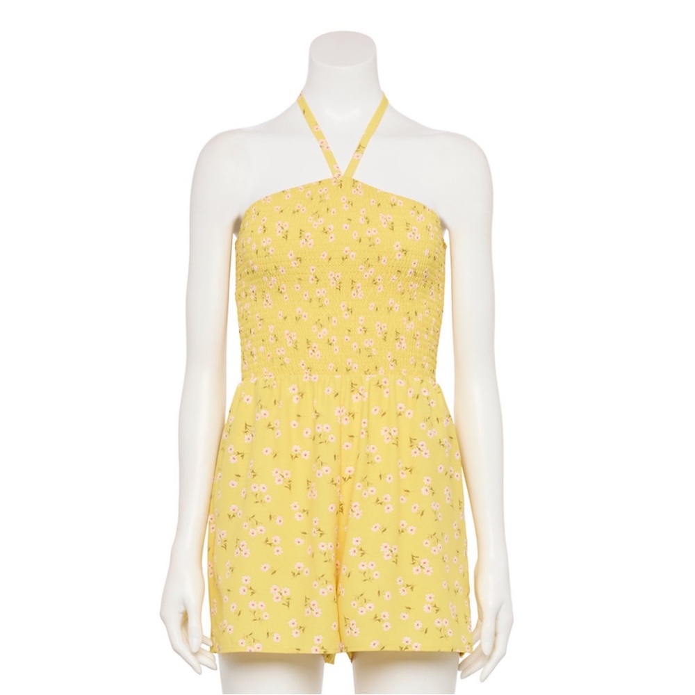 NWT Lily Rose Smocked Tied Neck Romper Yellow Floral Juniors' Size XXL